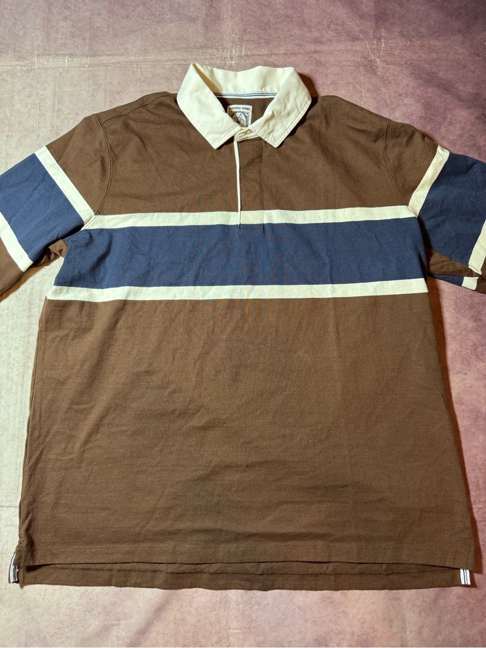 Lands End Rugby Polo Shirt Mens Sz 2XL XXL Cotton Long Sleeve Brown Blue Stripe